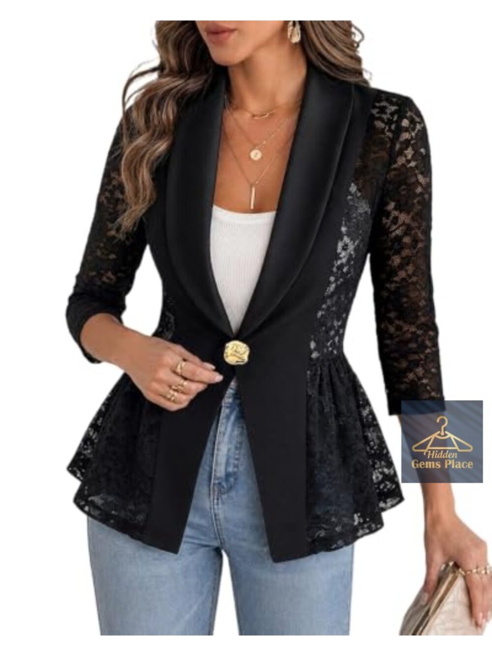 Women's Sheer Lace Peplum Blazer 3/4 Sleeve Shawl Collar Lightweight Work